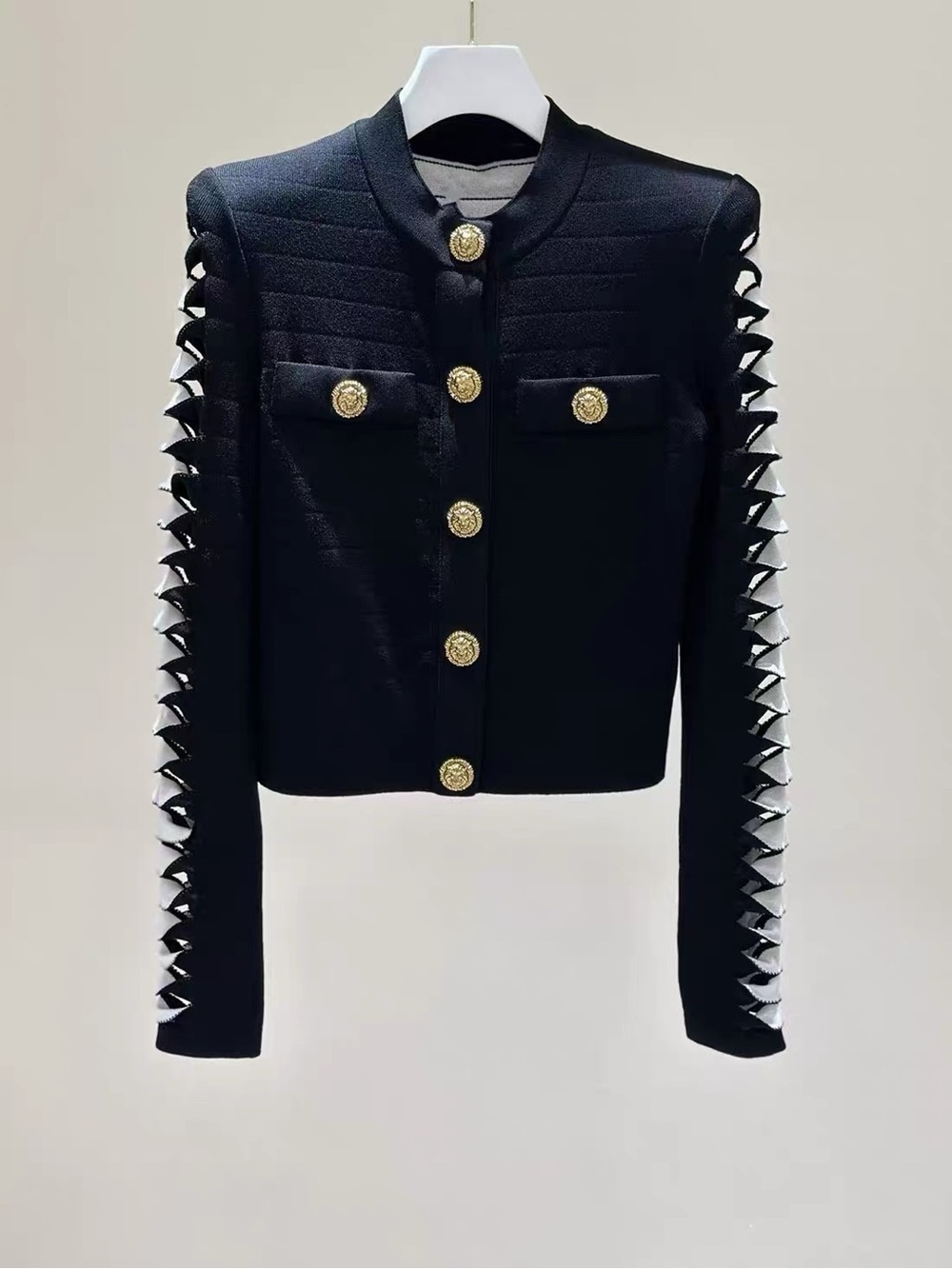 Luxury Designer Black Cropped Jacket with Gold Buttons